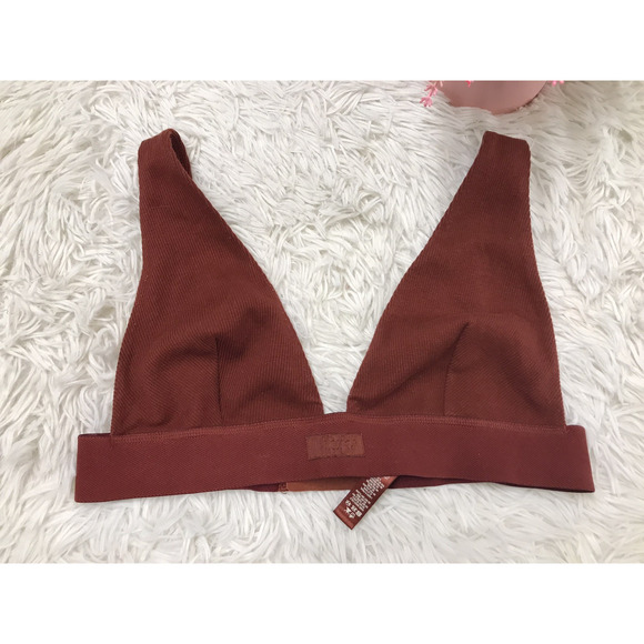 SKIMS Triangle Plunge Bralette Bone Brown Sz Large Ribbed Stretch Lounge Comfort - Picture 2 of 5